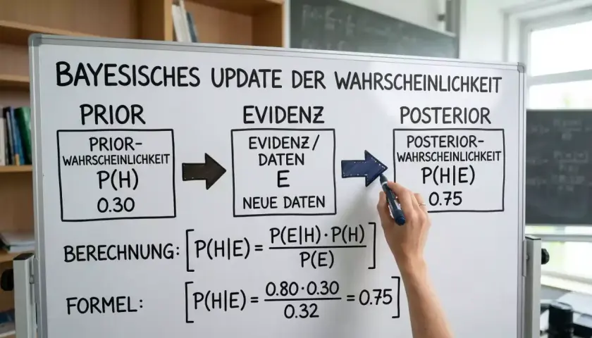Bayes'sches Update der Wahrscheinlichkeit: Prior, Evidenz, Posterior. Formel zur Berechnung von P(H|E) mit einem Satz von Bayes Aufgaben.