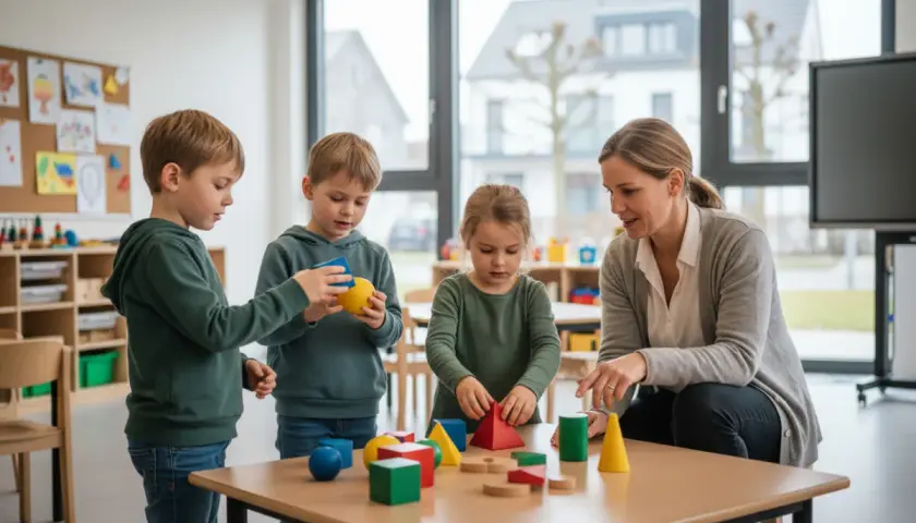 Kinder lernen spielerisch geometrie formen mit bunten Bausteinen. Eine Lehrerin beobachtet und hilft.