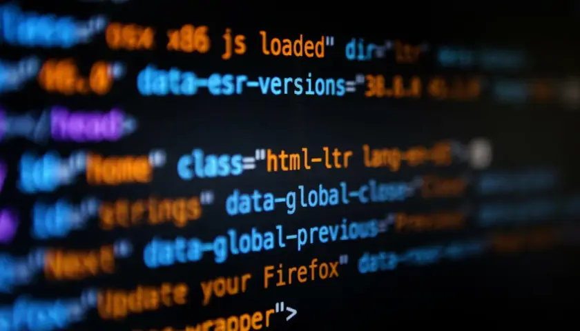 Bunte Codezeilen auf schwarzem Hintergrund. Hier siehst du, was ist coden: Befehle, die eine Webseite zum Leben erwecken, wie "html-ltr" oder "update your Firefox".