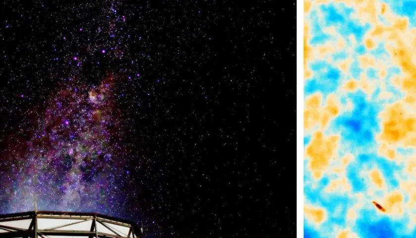 Sternenhimmel über einem Observatorium, daneben eine Karte der kosmischen Hintergrundstrahlung mit blauen und orangen Flecken.