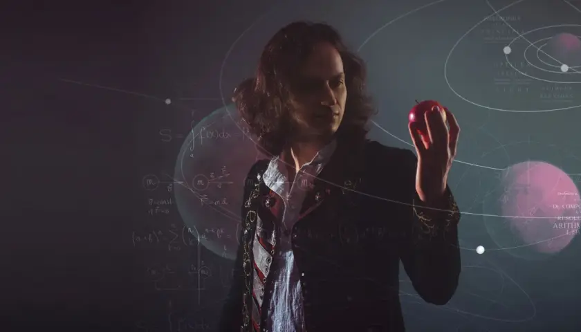Ein Mann mit langen Haaren hält einen roten Apfel, inspiriert von der Geschichte des newton apfel. Mathematische Formeln und Planetenbahnen umgeben ihn.