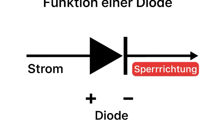 Schaltplan einer Diode: Strom fließt von links nach rechts. Die Sperrrichtung ist markiert. Der Aufbau der Diode wird gezeigt.