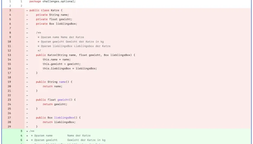 Java-Code für eine Katze mit Namen, Gewicht und Lieblingsbox. So braucht man Java für objektorientierte Programmierung.