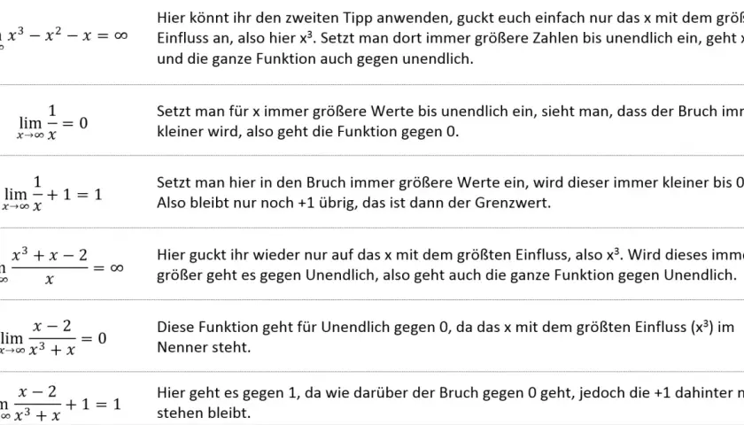 Beispiele für Grenzwerte von Funktionen: x³-x²-x geht gegen unendlich, 1/x geht gegen 0, (x³+x-2)/x geht gegen unendlich.