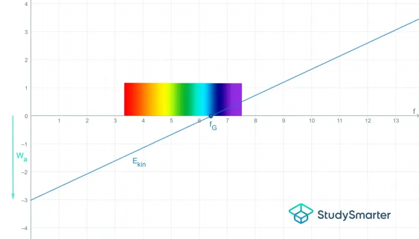 Diagramm zum photoeffekt physik: Energie der Elektronen (Eel) gegen Frequenz (f). Ein Spektrum zeigt sichtbares Licht. Die Austrittsarbeit (Wa) und die kinetische Energie (Ekin) sind dargestellt.
