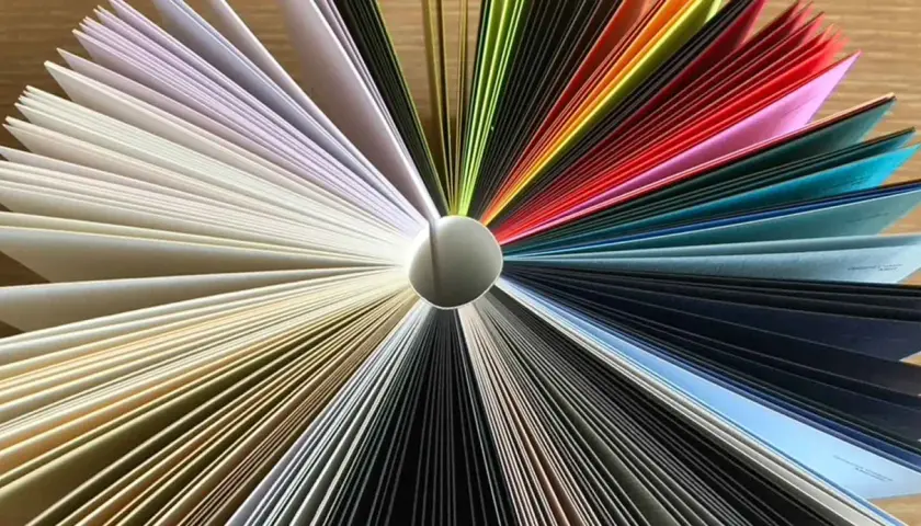 Fächer aus verschiedenfarbigem Papier, die wie ein Regenbogen angeordnet sind. Die Grammatur des Papiers variiert, was zu unterschiedlichen Dicken führt.
