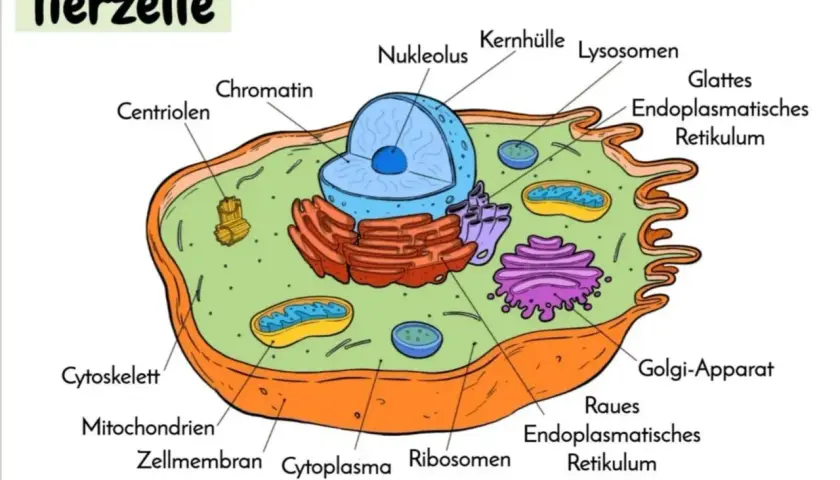 Schema einer tierischen und pflanzlichen Zelle mit beschrifteten Organellen wie Zellkern, Mitochondrien und Golgi-Apparat.