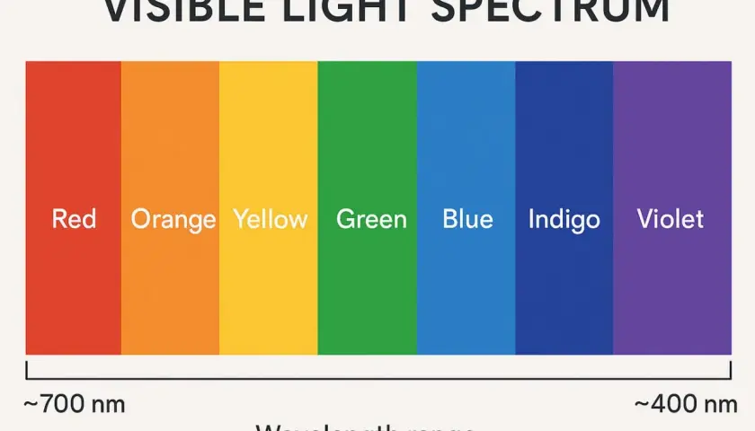 Das Spektrum des sichtbaren Lichts zeigt die Farben Rot, Orange, Gelb, Grün, Blau, Indigo und Violett, angeordnet nach Wellenlänge von ca. 700 nm bis 400 nm.