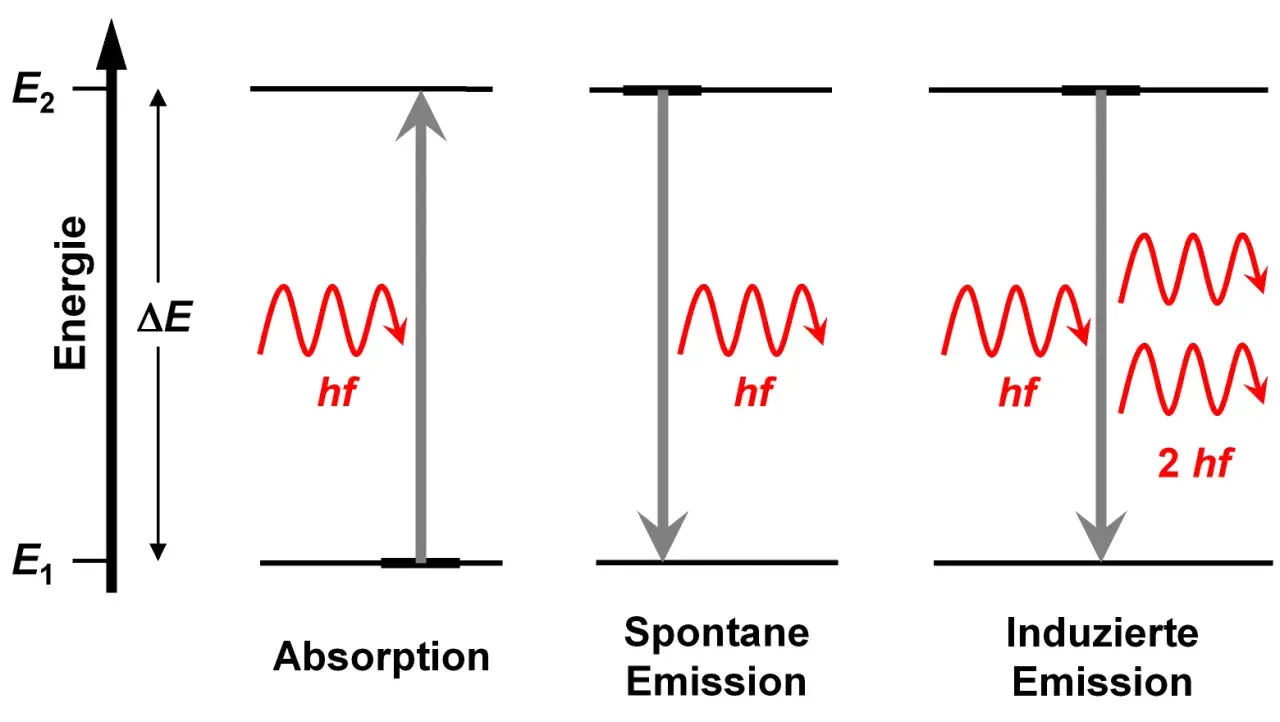 Schematische Darstellung von Absorption, spontaner und induzierter Emission von Licht. Ein Photon mit Energie hf wird absorbiert, um ein Atom anzuregen.