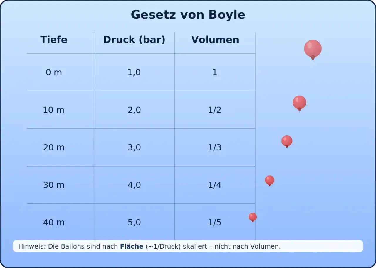 Tabelle zeigt das Boyle-Mariotte-Gesetz: Tiefe, Druck und Volumen von Ballons. Mit zunehmender Tiefe steigt der Druck, das Volumen sinkt.