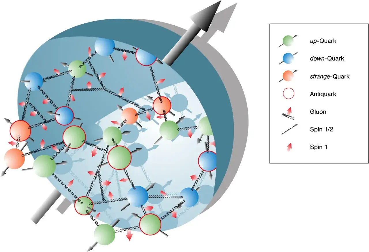 Darstellung des Standardmodells der Teilchenphysik mit Quarks, Antiquarks und Gluonen, die durch Federn verbunden sind.