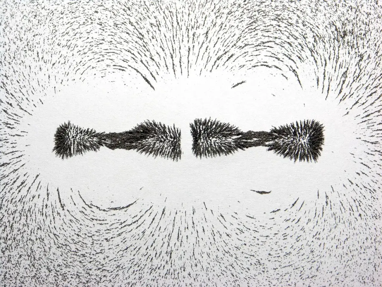 Eisenpulver zeigt Magnetfeldlinien um einen Stabmagneten. Ein klassisches Beispiel für Magnetismus in der Physik.