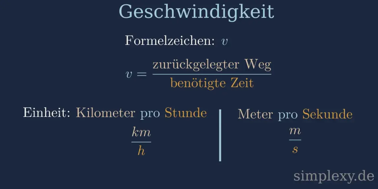 Die Geschwindigkeit Formel: v = zurückgelegter Weg / benötigte Zeit. Einheiten: km/h und m/s.