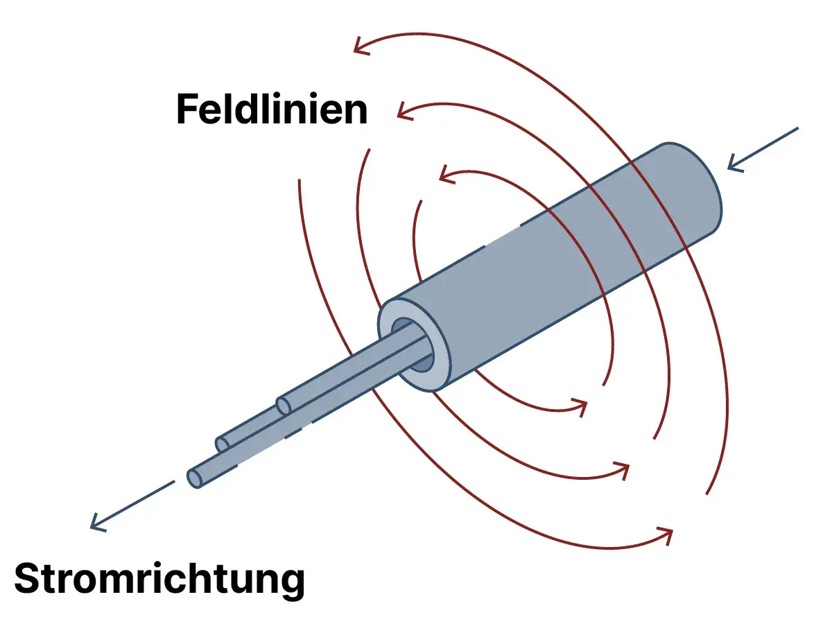 Der Oersted Versuch zeigt, wie ein stromdurchflossener Leiter ein Magnetfeld erzeugt. Feldlinien kreisen um den Leiter.
