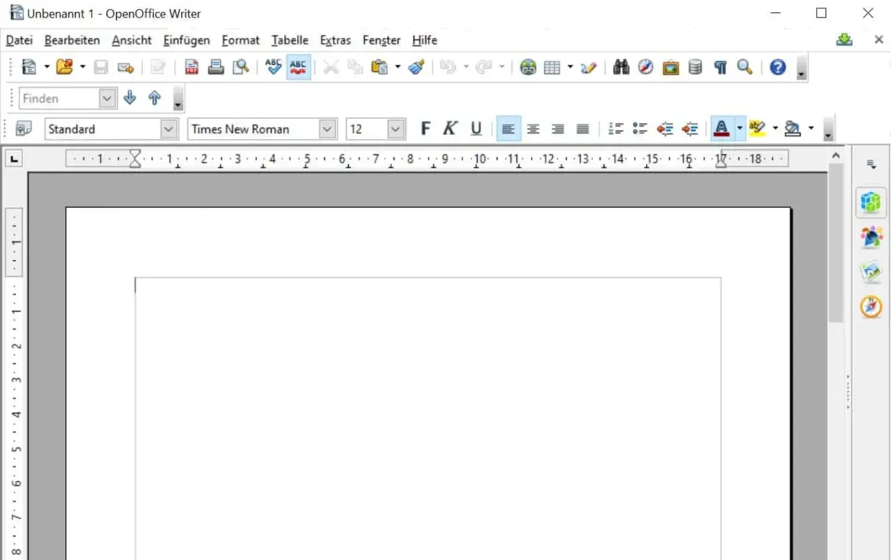 OpenOffice Writer, eine kostenlose Schreibprogramm-Alternative, zeigt ein leeres Dokument mit Werkzeugleisten und Lineal.