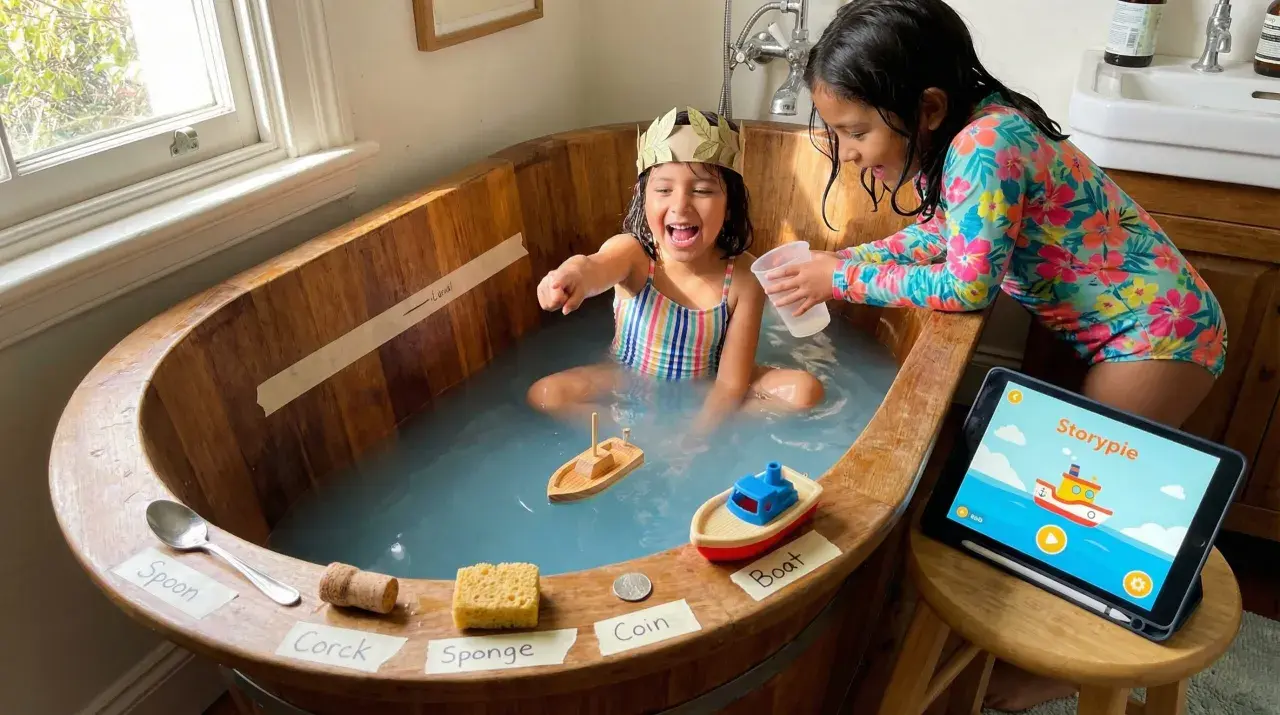 Zwei Mädchen spielen in einer Holzbadewanne, inspiriert von Archimedes' Entdeckung. Sie experimentieren mit Objekten wie Löffel, Korken, Schwamm und Münze, um zu sehen, was schwimmt.