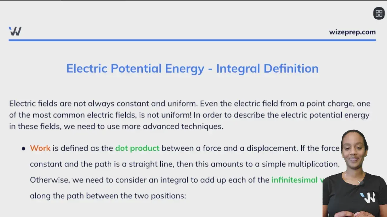 Die Seite erklärt die elektrische Potentialenergie und wie sie mit Integralen berechnet wird, wenn das elektrische Feld nicht konstant ist.