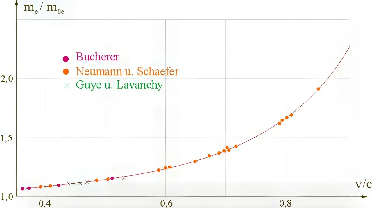 Diagramm zeigt die Zunahme der relativistischen Masse von Elektronen bei höheren Geschwindigkeiten, basierend auf experimentellen Daten.