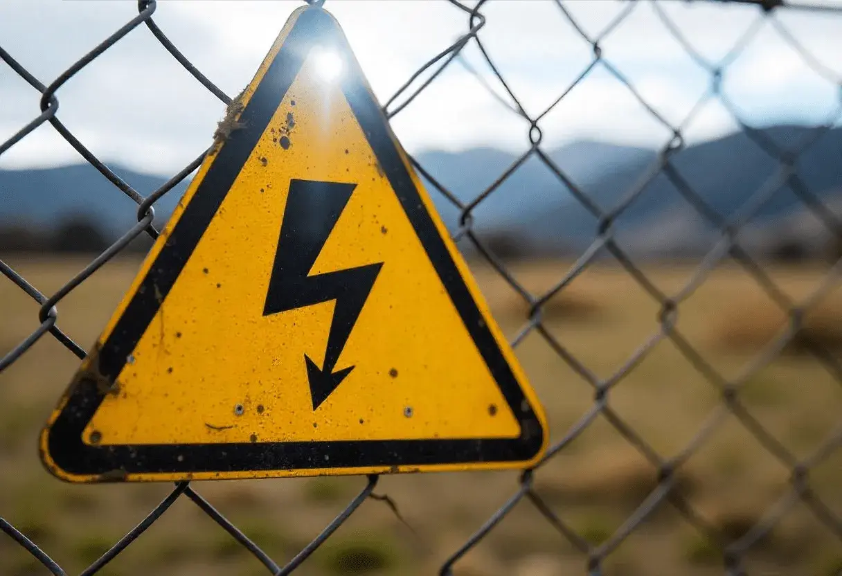 Gelbes Warnschild mit Blitzsymbol auf einem Maschendrahtzaun, das auf die Gefahren des elektrischen Stroms hinweist.