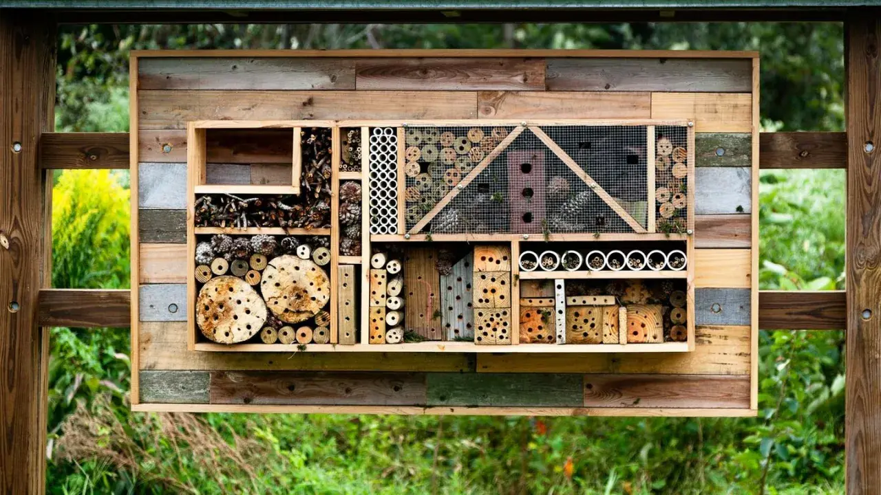 Ein liebevoll gestaltetes Insektenhotel selber bauen: Holz, Zapfen, Röhren und Löcher bieten Unterschlupf für nützliche Insekten.