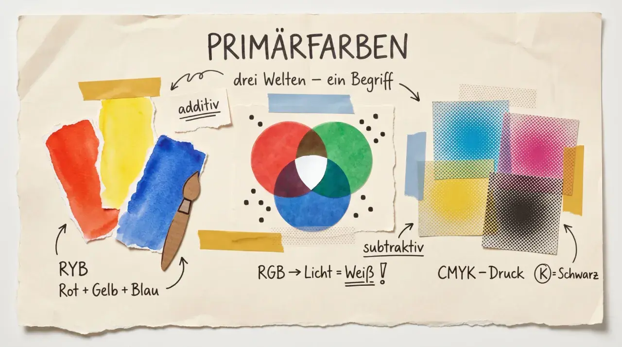 Primärfarben: Rot, Gelb, Blau (RYB) und die subtraktive Farbmischung mit CMYK-Druck.