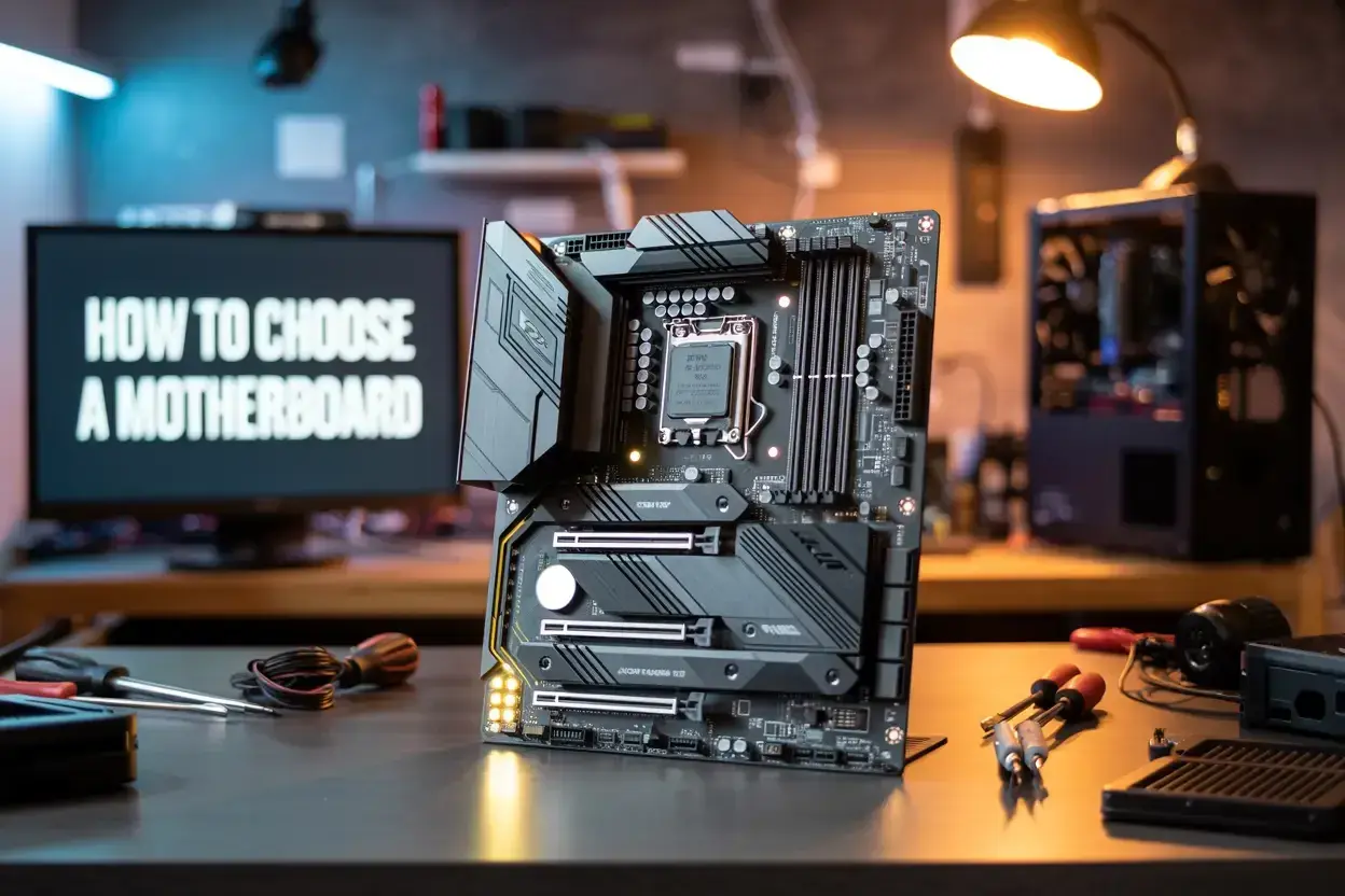 Eine Hauptplatine, Werkzeuge und ein Computergehäuse sind wichtige Bestandteile eines Computers.