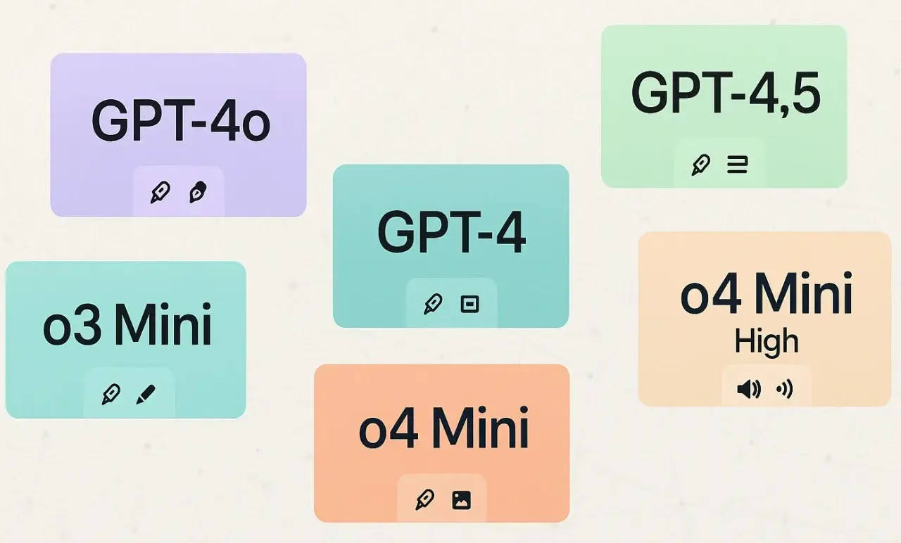 Verschiedene GPT-Modelle wie GPT-4o, GPT-4,5, GPT-4, o3 Mini und o4 Mini zeigen die **programmiersprachen unterschiede** und ihre Fähigkeiten.