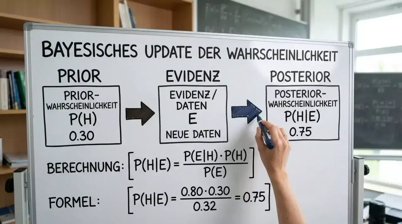 Bayes'sches Update der Wahrscheinlichkeit: Prior, Evidenz, Posterior. Formel zur Berechnung von P(H|E) mit einem Satz von Bayes Aufgaben.