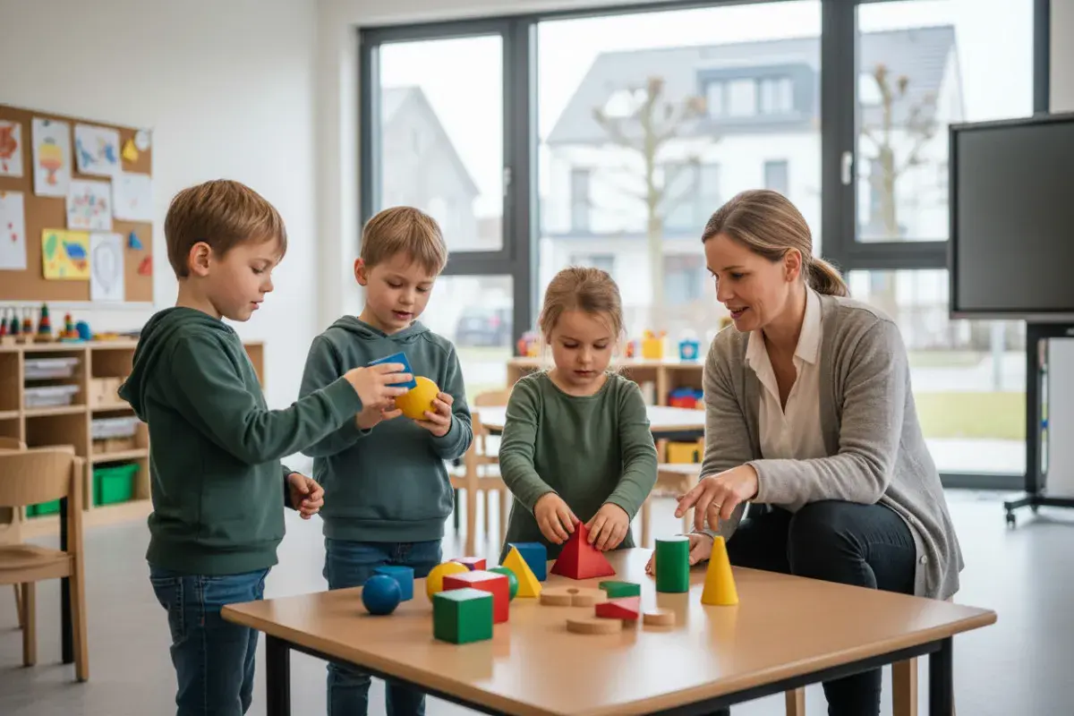 Kinder lernen spielerisch geometrie formen mit bunten Bausteinen. Eine Lehrerin beobachtet und hilft.