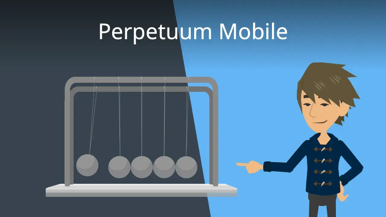 Ein Mann zeigt auf ein Newton-Pendel, das die Idee eines Perpetuum mobile veranschaulicht.