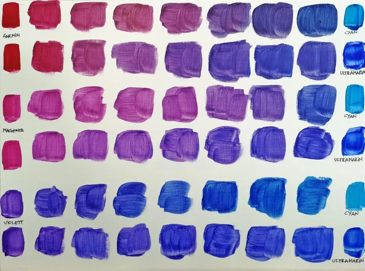 Farbverläufe von Karmin, Magenta und Violett zu verschiedenen Blautönen. Hier siehst du, wie man blau mischt.