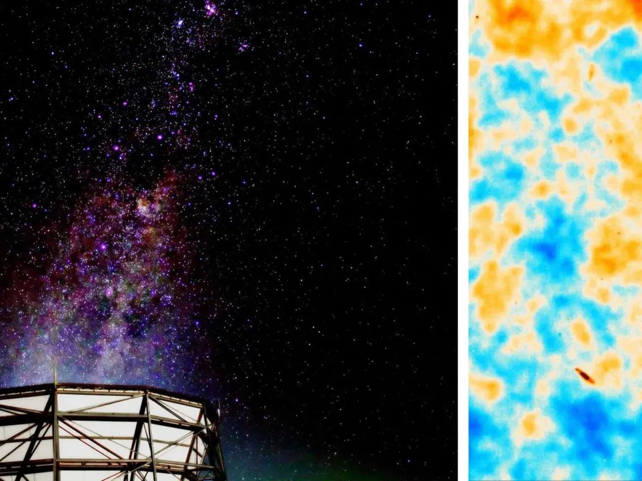 Sternenhimmel über einem Observatorium, daneben eine Karte der kosmischen Hintergrundstrahlung mit blauen und orangen Flecken.