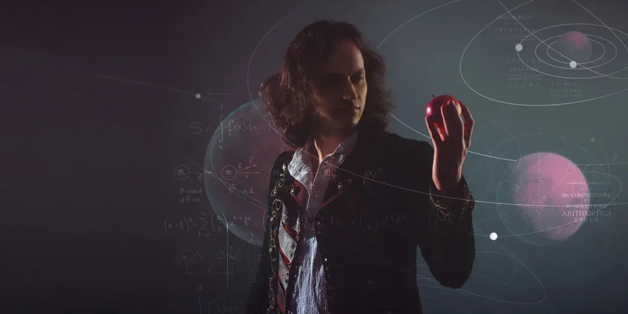 Ein Mann mit langen Haaren hält einen roten Apfel, inspiriert von der Geschichte des newton apfel. Mathematische Formeln und Planetenbahnen umgeben ihn.