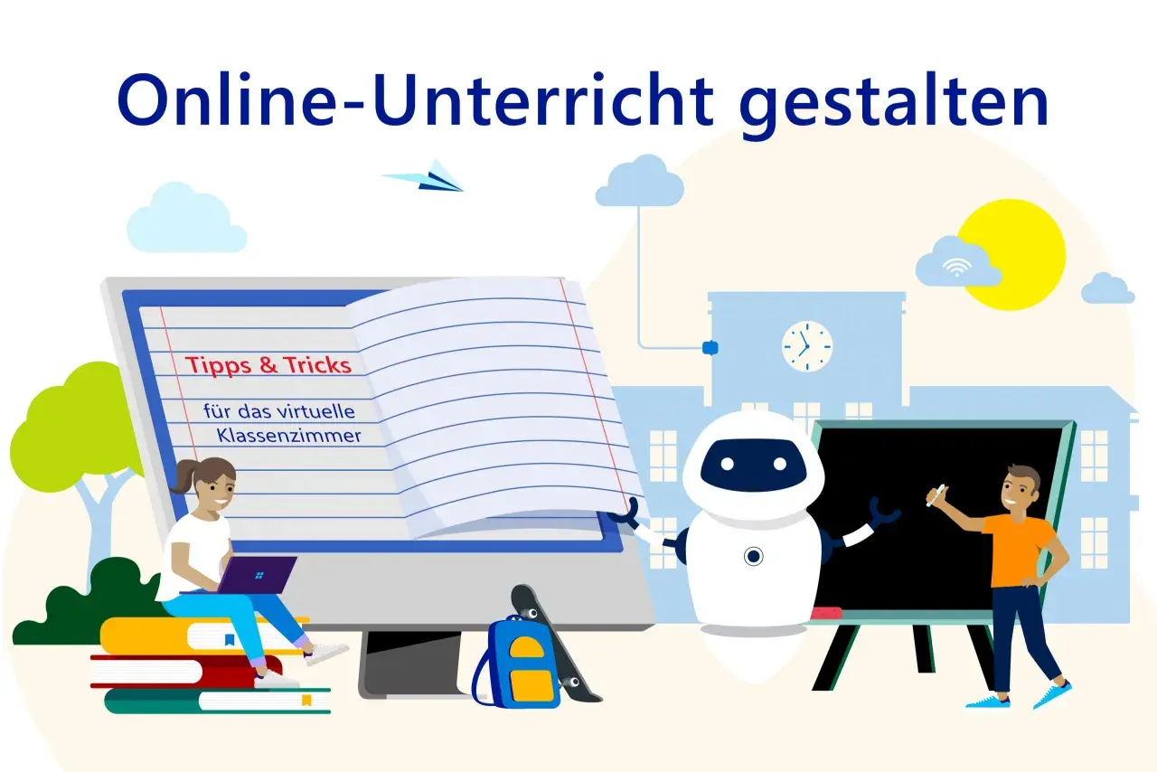 Ein Roboter und ein Schüler gestalten **online unterricht**. Tipps für das virtuelle Klassenzimmer werden auf einem Bildschirm gezeigt.