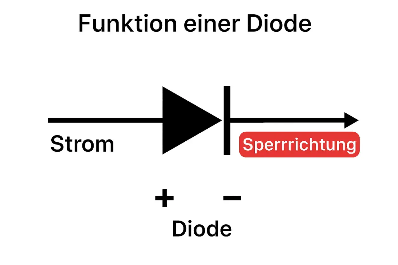 Schaltplan einer Diode: Strom fließt von links nach rechts. Die Sperrrichtung ist markiert. Der Aufbau der Diode wird gezeigt.