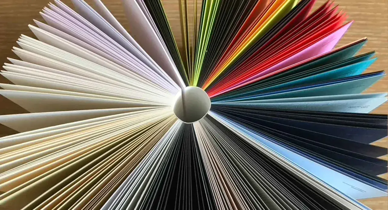 Fächer aus verschiedenfarbigem Papier, die wie ein Regenbogen angeordnet sind. Die Grammatur des Papiers variiert, was zu unterschiedlichen Dicken führt.