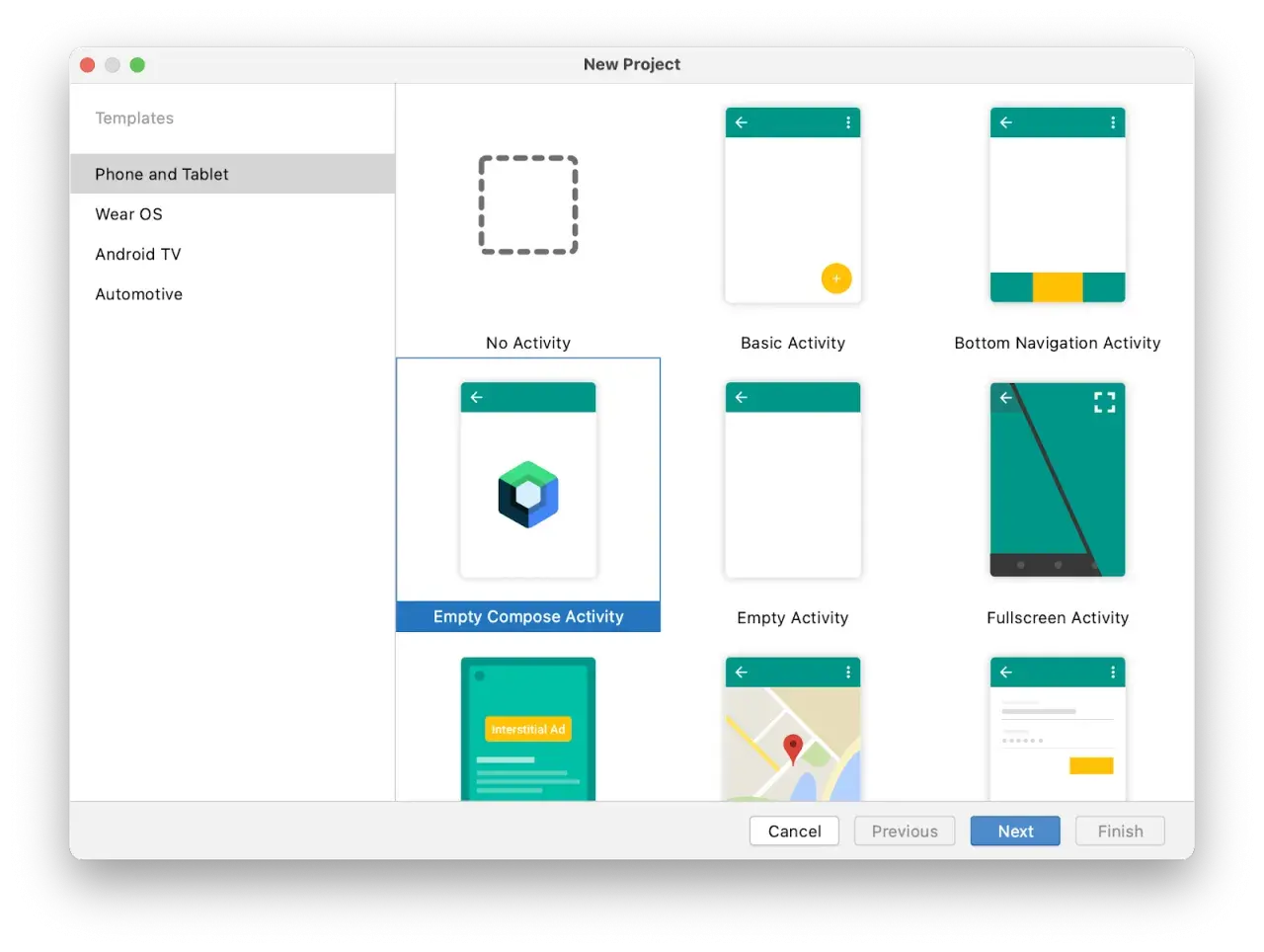 Beim Software programmieren: Auswahl eines neuen Projekts mit verschiedenen Vorlagen wie "Empty Compose Activity" oder "Basic Activity".
