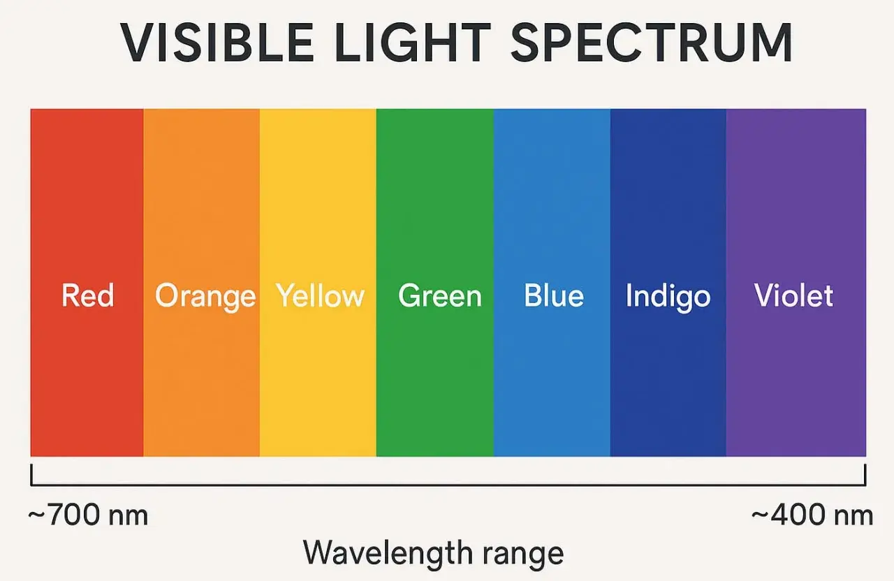 Das Spektrum des sichtbaren Lichts zeigt die Farben Rot, Orange, Gelb, Grün, Blau, Indigo und Violett, angeordnet nach Wellenlänge von ca. 700 nm bis 400 nm.