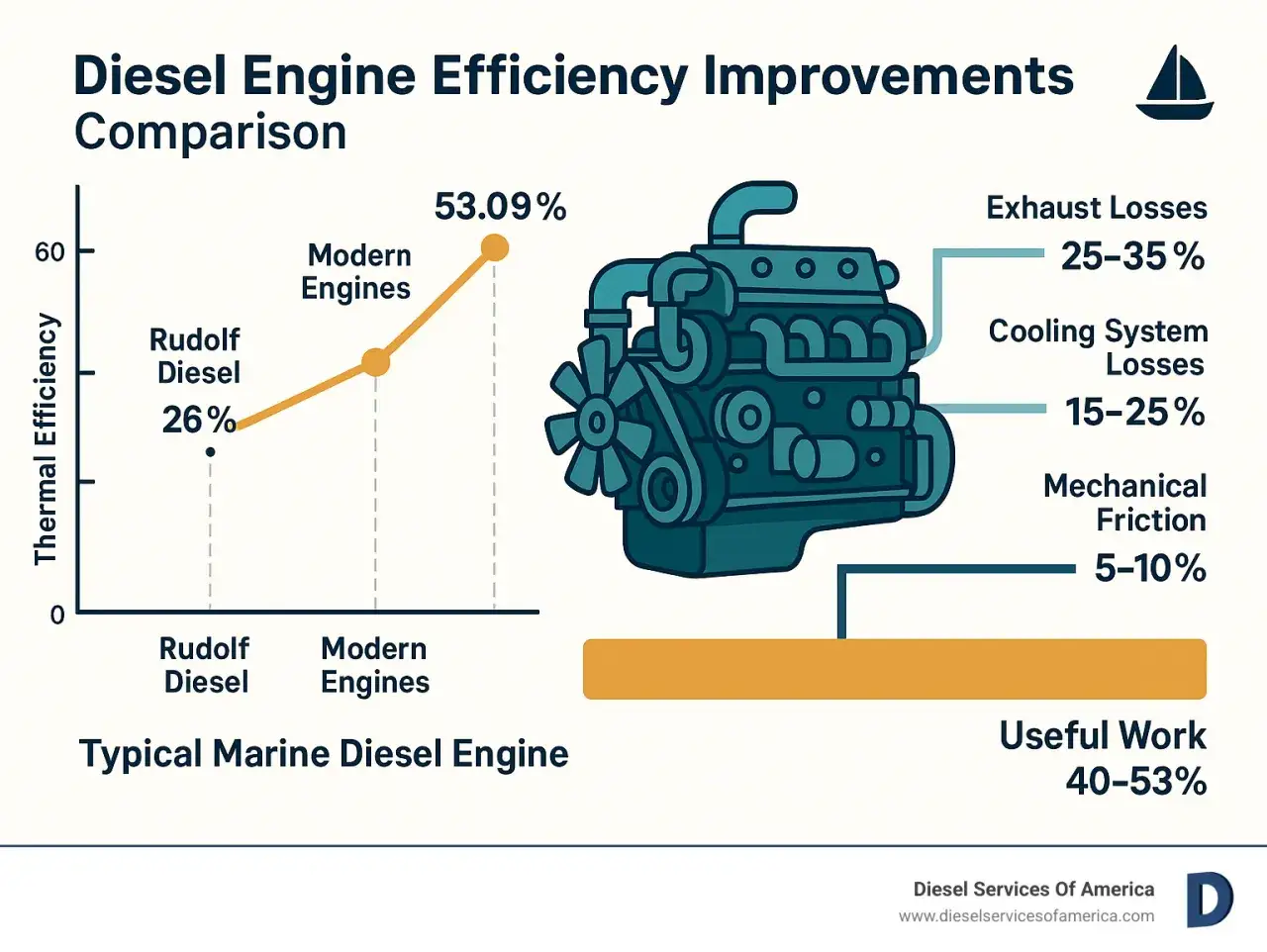 Vergleich des Wirkungsgrads von Dieselmotoren: Rudolf Diesel (26%) vs. moderne Motoren (53,09%). Verluste durch Abgase, Kühlung und Reibung.
