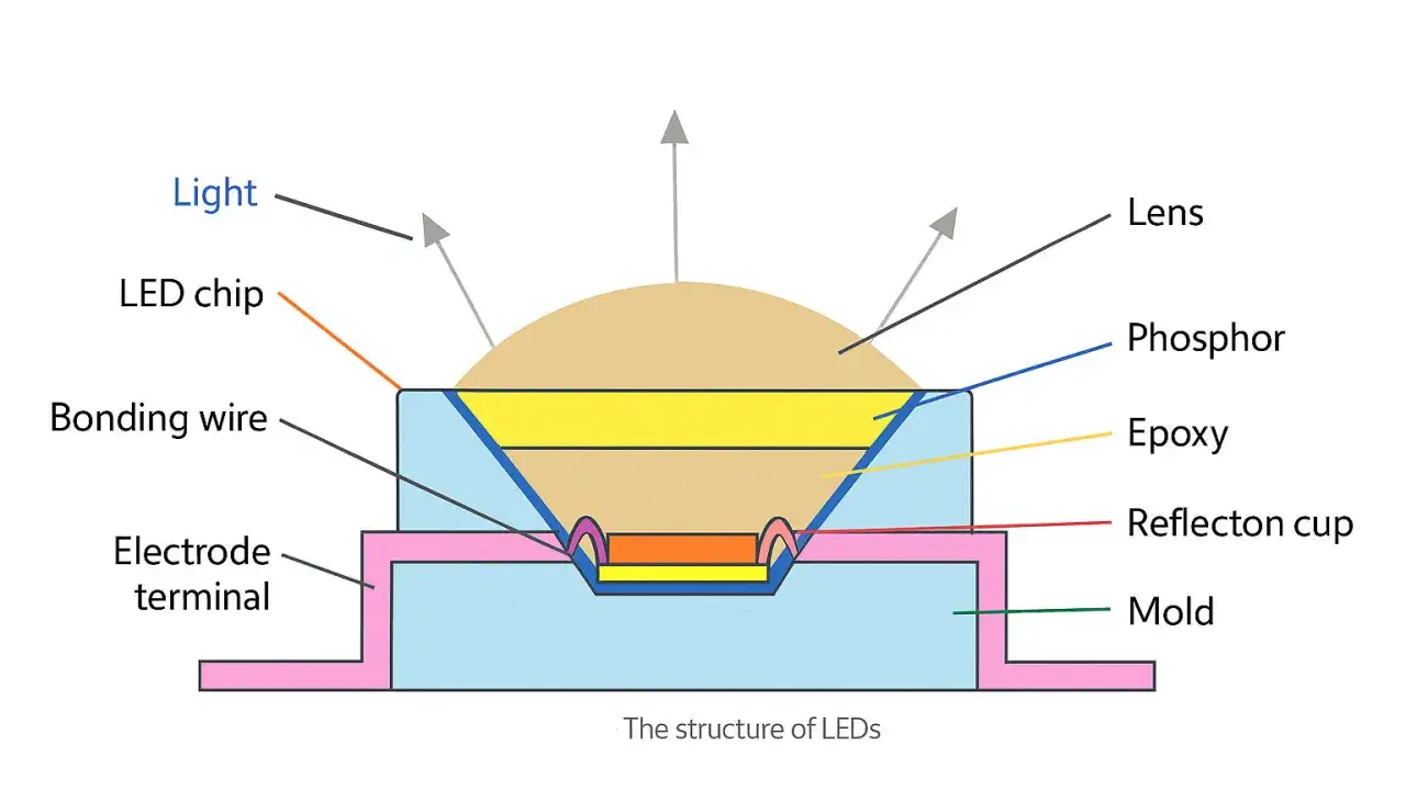 Schnittzeichnung des LED-Aufbaus: LED-Chip, Bonding-Draht, Elektrode, Linse, Phosphor, Epoxidharz, Reflektortasse und Formteil.