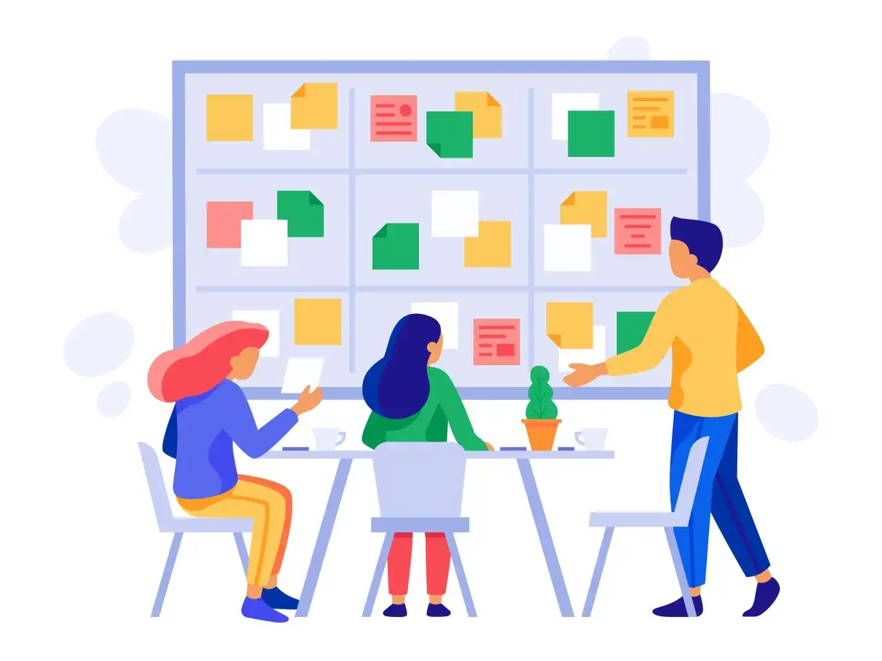 Teamwork an einem online whiteboard kostenlos. Drei Personen planen Ideen auf einem gro&szlig;en Board mit bunten Notizen.