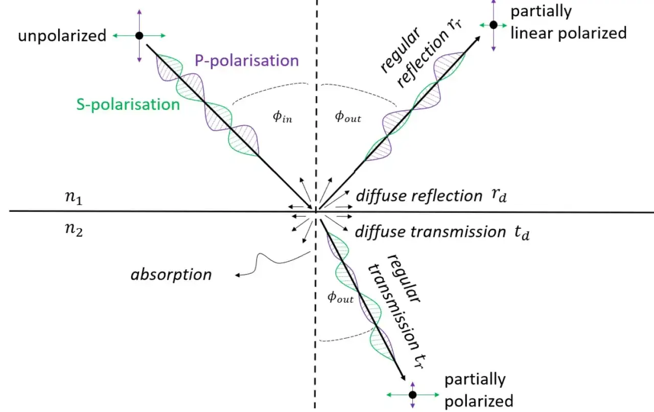 Licht trifft auf eine Grenzfl&auml;che, wo es reflektiert, transmittiert oder zur absorption kommt. P- und S-Polarisationen werden dargestellt.