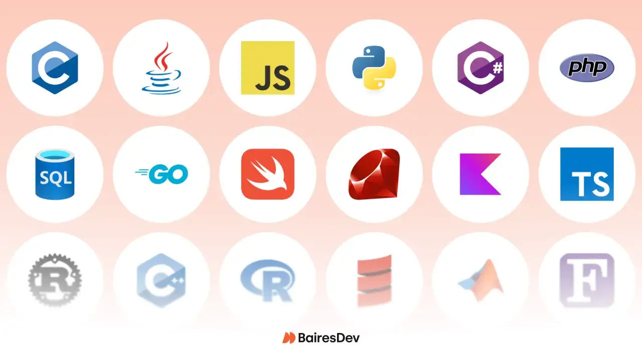 Logos verschiedener Programmiersprachen wie C, Java, JS, Python, C#, PHP, SQL, Go, Swift, Ruby, Kotlin, TypeScript, Rust, R, F# und MATLAB. Welche Programmiersprache ist die richtige?