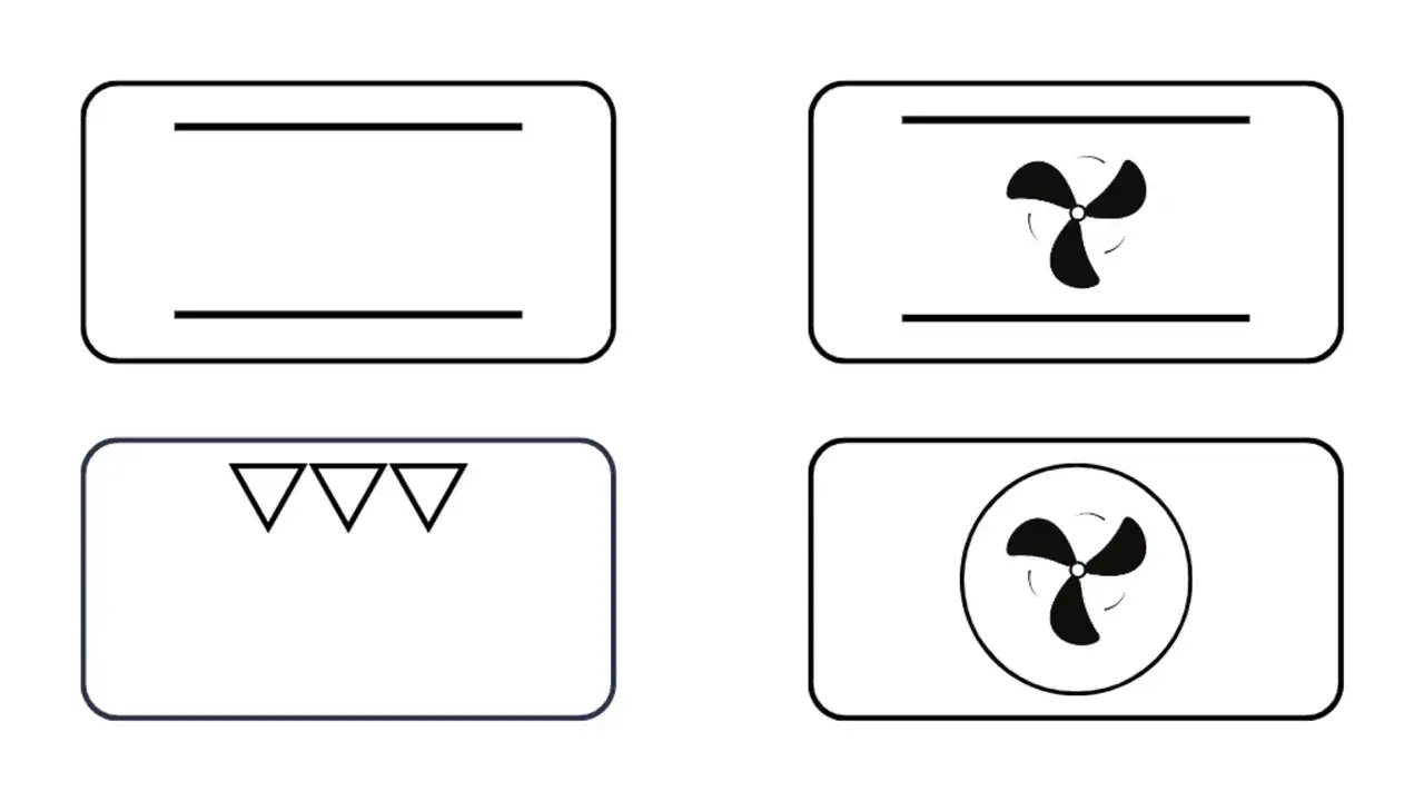 Symbole f&uuml;r Backofenfunktionen: Ober-/Unterhitze, Umluft mit L&uuml;fter oben, Unterhitze mit Dreiecken, Umluft mit L&uuml;fter in Kreis.