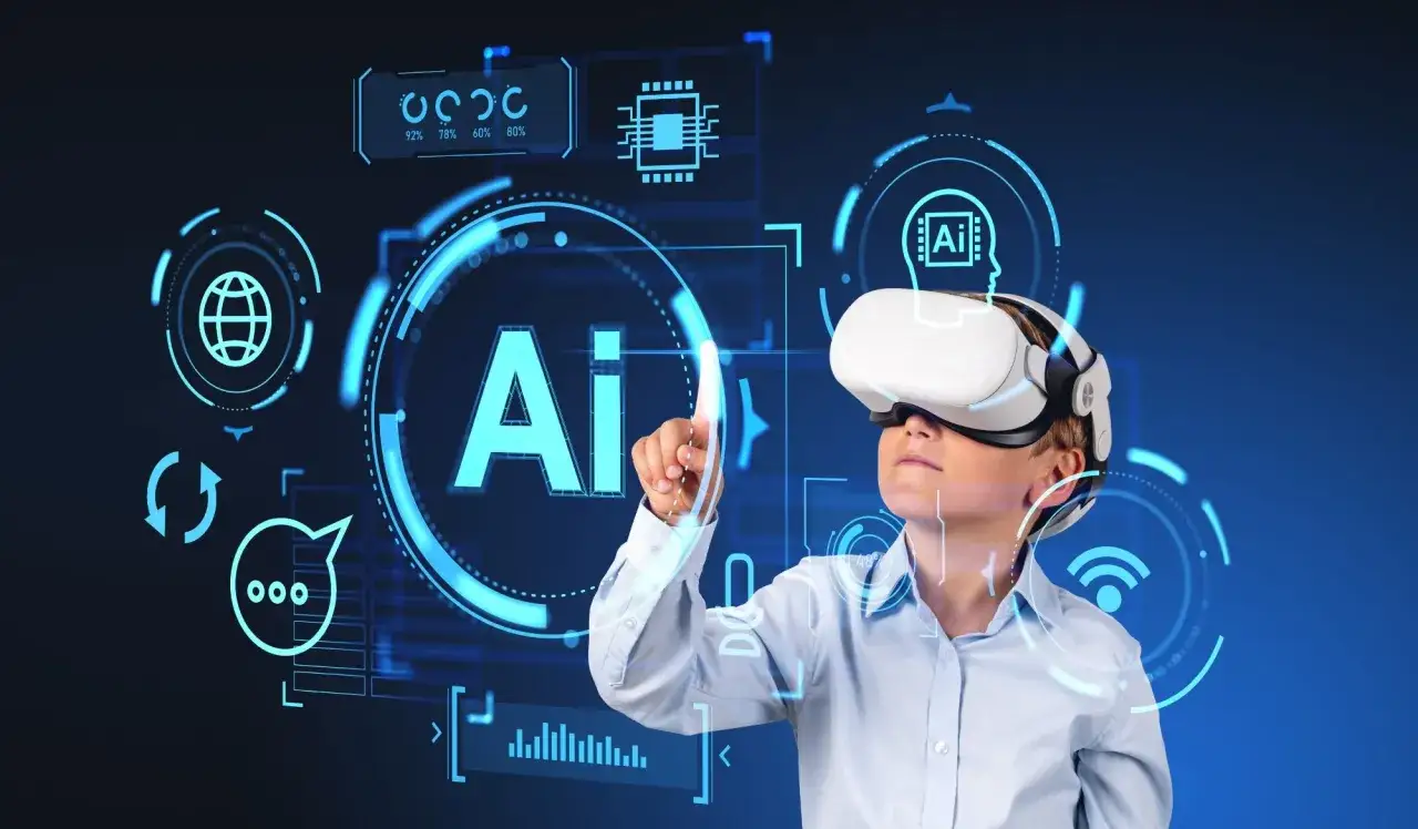 Junge mit VR-Brille interagiert mit KI-Interface, um Robotik zu lernen.