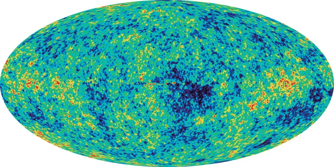 Karte der kosmischen Hintergrundstrahlung mit winzigen Temperaturschwankungen, die die fr&uuml;hen Universumsstrukturen zeigen.