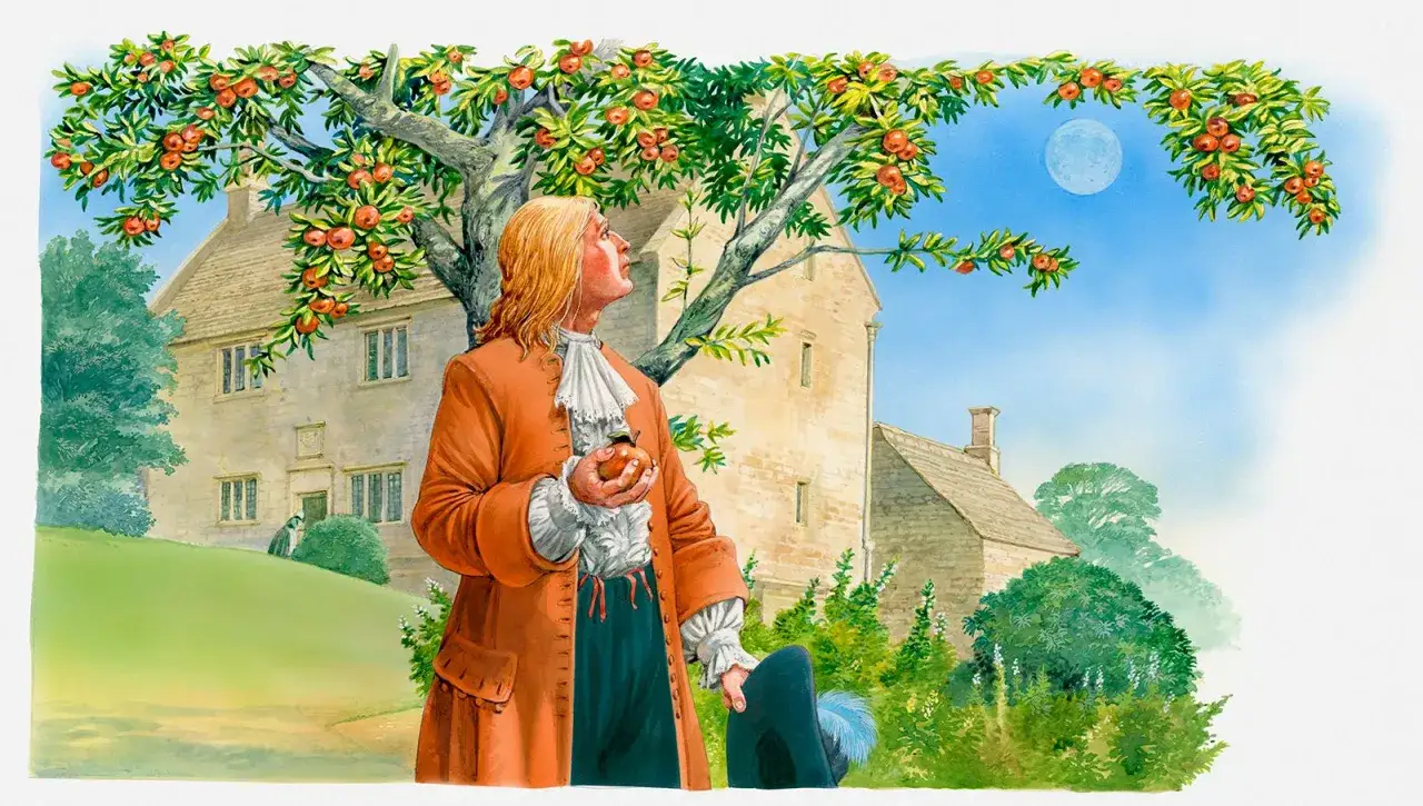 Isaac Newton h&auml;lt einen Apfel in der Hand und blickt nachdenklich zum Himmel, w&auml;hrend ein Apfelbaum voller Fr&uuml;chte &uuml;ber ihm h&auml;ngt.