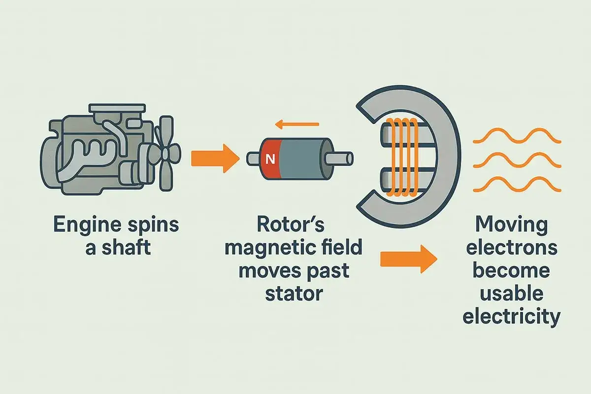 Der Aufbau eines Generators: Motor dreht Welle, Magnetfeld des Rotors bewegt sich am Stator vorbei, erzeugt nutzbare Elektrizit&auml;t.