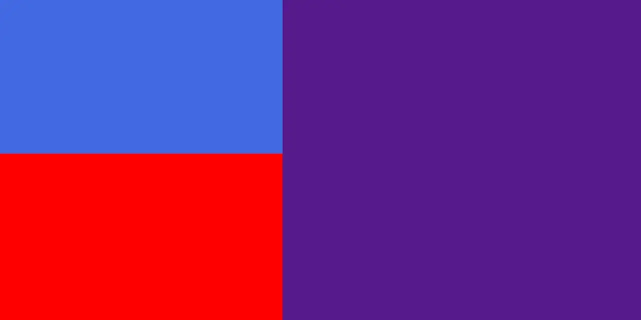 Abstrakte Komposition: Ein blaues Quadrat über einem roten Quadrat, daneben ein großes violettes Rechteck. Was ergibt rot und blau? Violett!