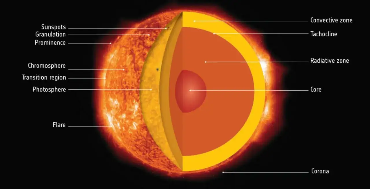 Schnitt durch die Sonne zeigt Kern, Strahlungszone, Konvektionszone, Photosphäre, Chromosphäre und Korona. So erfahren wir, woraus die Sonne besteht.